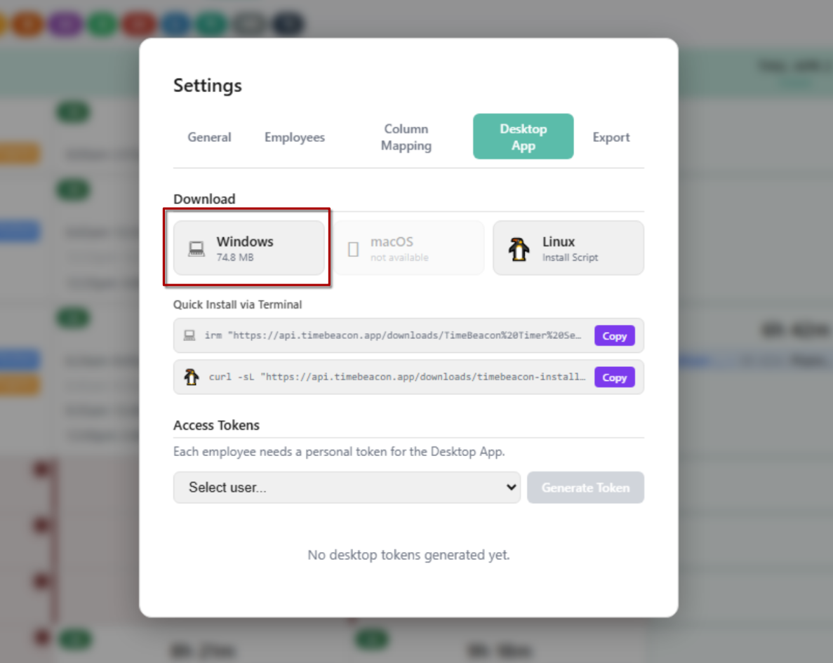 Settings Desktop App tab